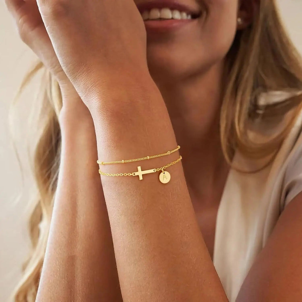 GOLD CROSS & INITIAL BRACELET - Faith & Glow Co.