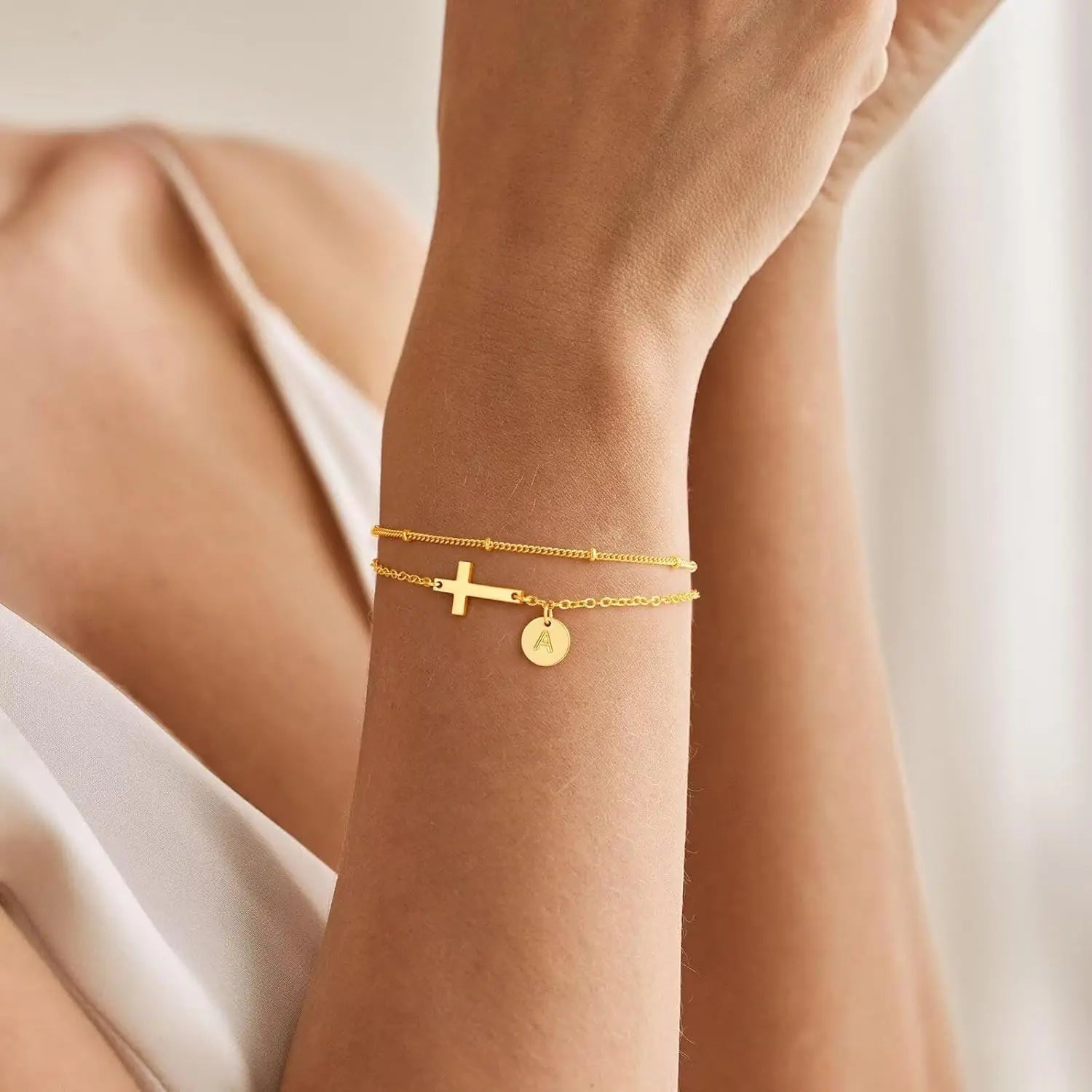 GOLD CROSS & INITIAL BRACELET - Faith & Glow Co.