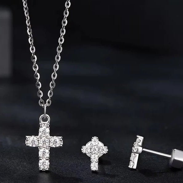 MOISSANITE CROSS NECKLACE 925 WHITE GOLD PLATED - Faith & Glow Co.
