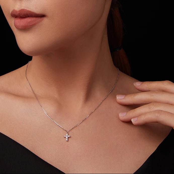 MOISSANITE CROSS NECKLACE 925 WHITE GOLD PLATED - Faith & Glow Co.