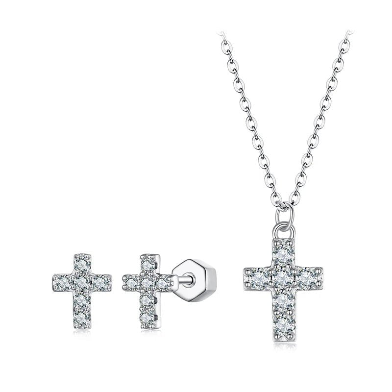 MOISSANITE CROSS NECKLACE & EARRINGS SET 925 WHITE GOLD PLATED - Faith & Glow Co.