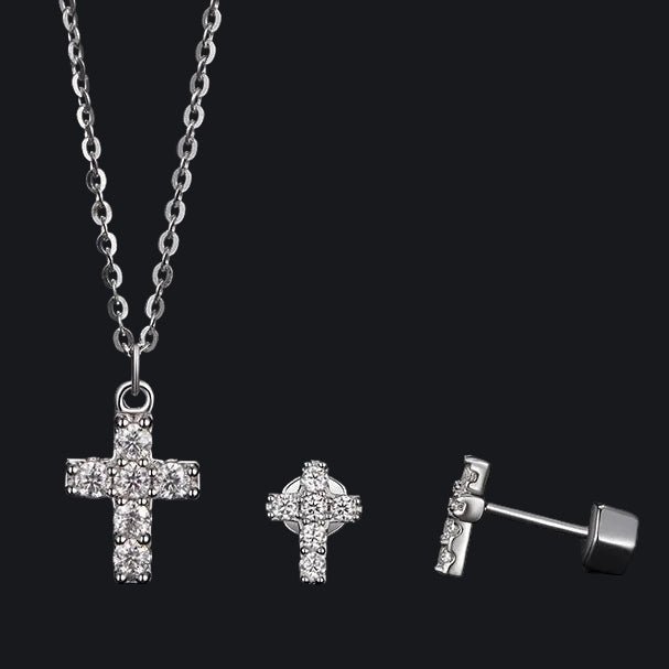 MOISSANITE CROSS NECKLACE & EARRINGS SET 925 WHITE GOLD PLATED - Faith & Glow Co.